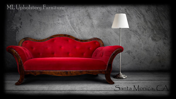 red sofa upholstered in Santa Monica California