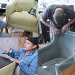Craftamanship upholsterers working at mlreupholstery reupholstering sofa and chairs in Los Angeles